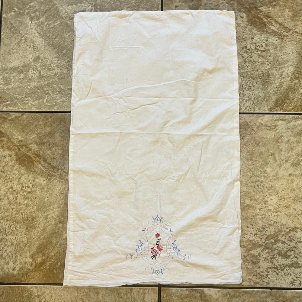 Vintage Embroidered Pillowcase Red Roses Blue Swirls Floral Elegant Home Decor